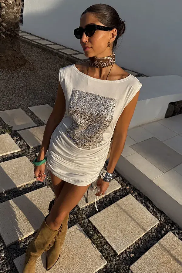 Never Fully Dressed White Sequin Ruched Dress