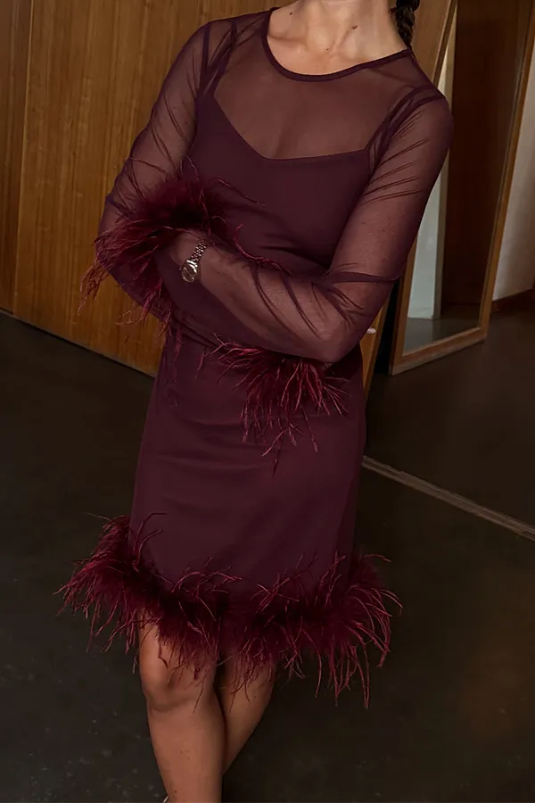 never fully dressed Wine Mesh Feather Mini Dress