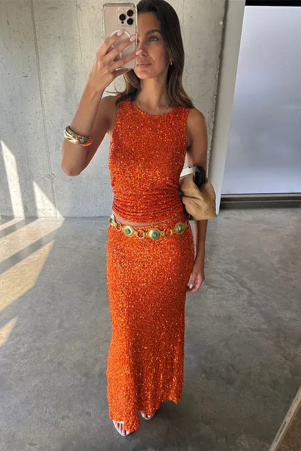 Never Fully Dressed Orange Sequin Dorris Skirt Petite