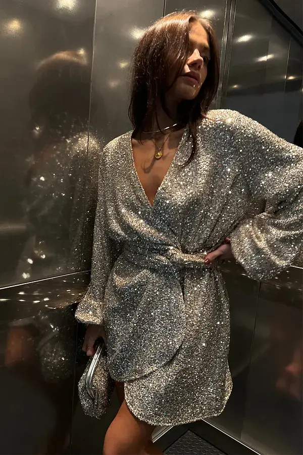 Never Fully Dressed Silver Sequin Mini Vienna Wrap Dress