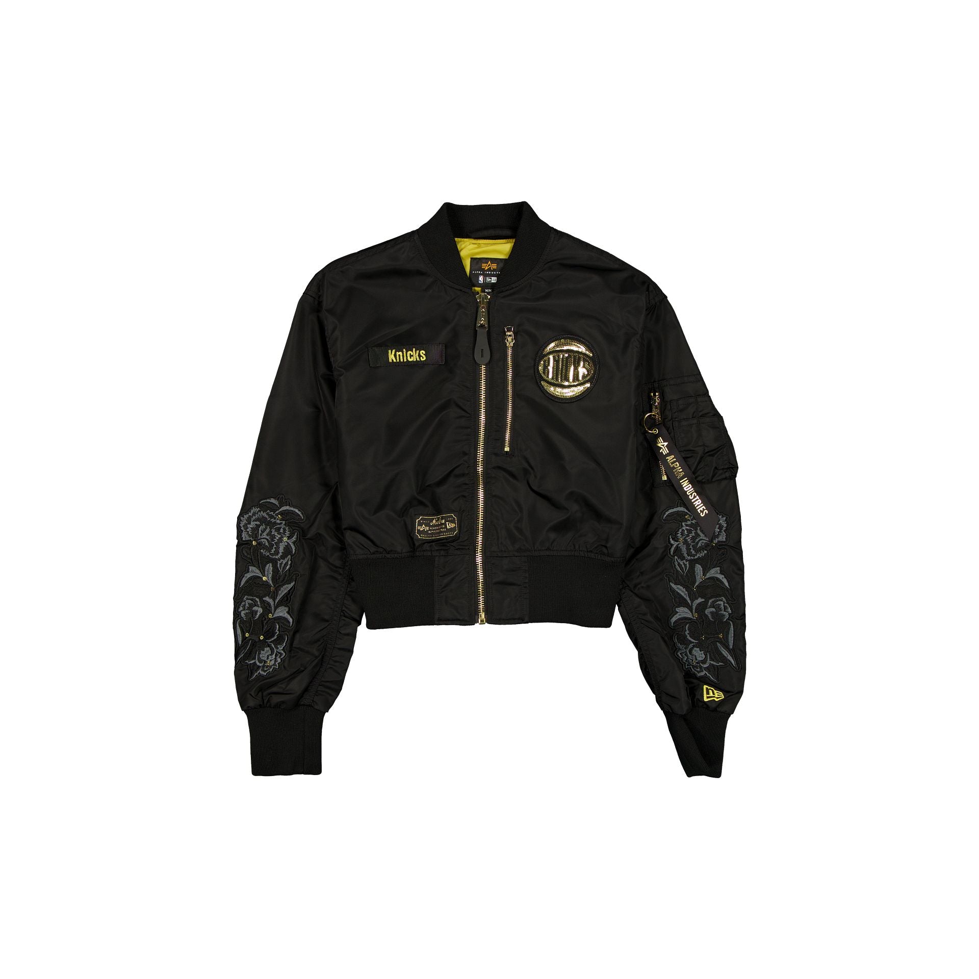 new era Alpha Industries Black and Gold Women's Cropped L-2B Bomber Jacket