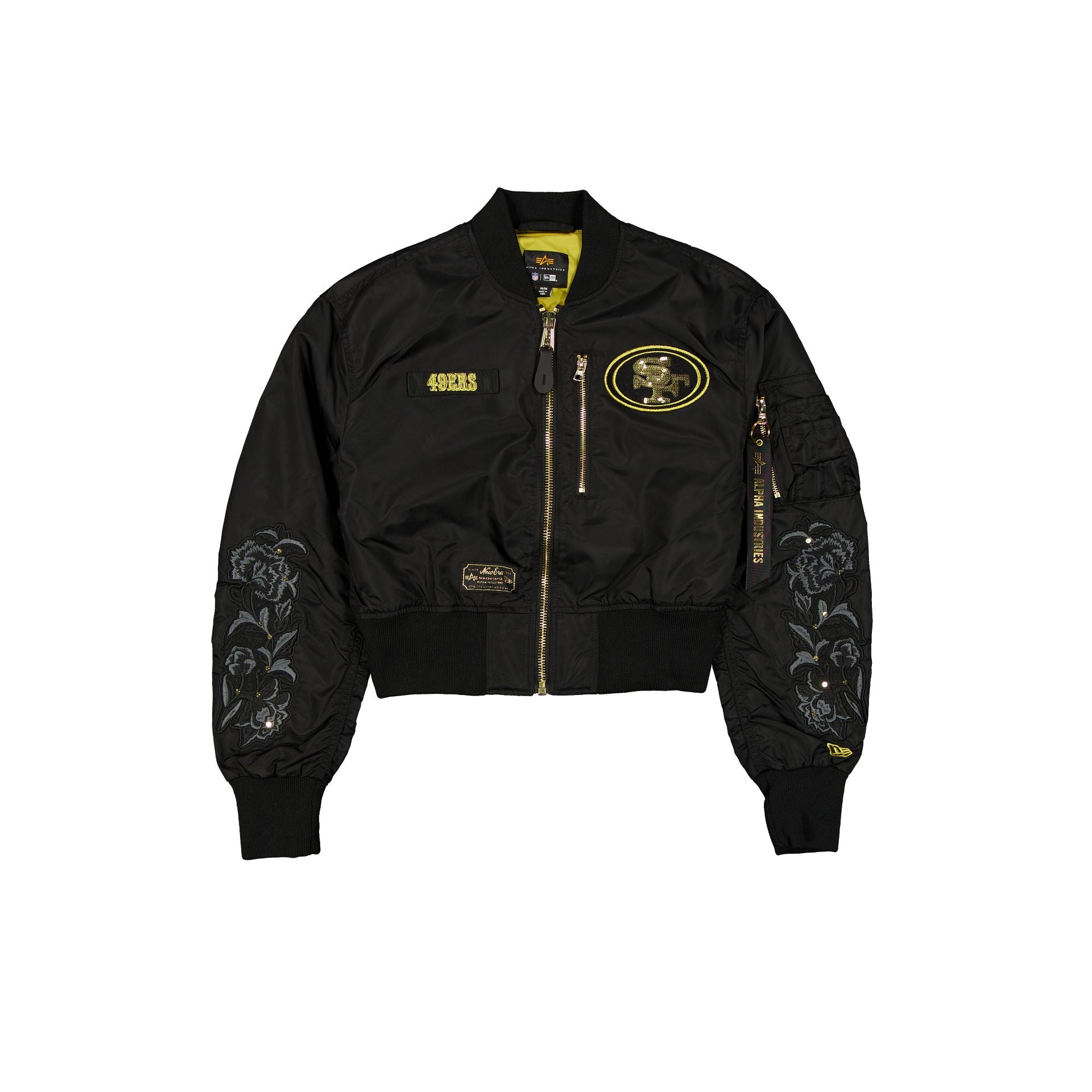 new era Alpha Industries Black and Gold Women's Cropped L-2B Bomber Jacket