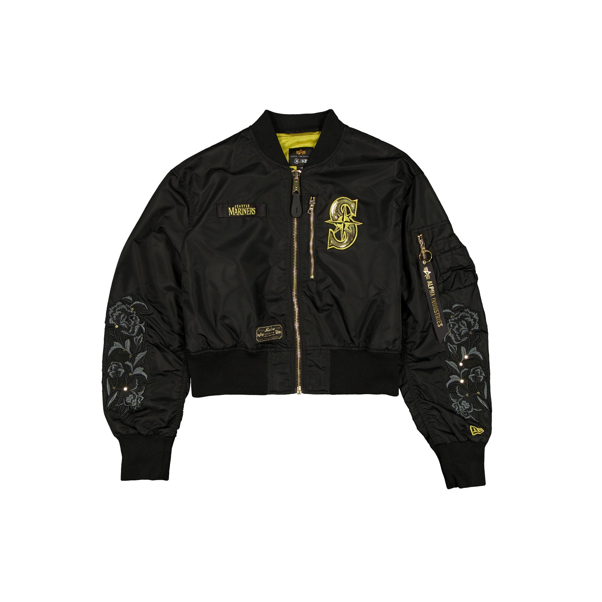 new era Alpha Industries Black and Gold Women's Cropped L-2B Bomber Jacket