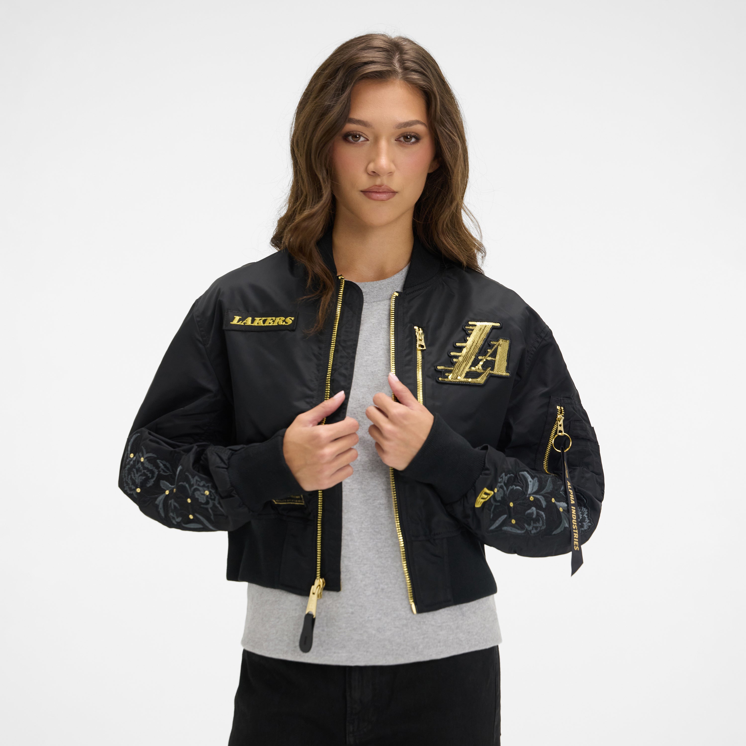new era Alpha Industries Black and Gold Women's Cropped L-2B Bomber Jacket