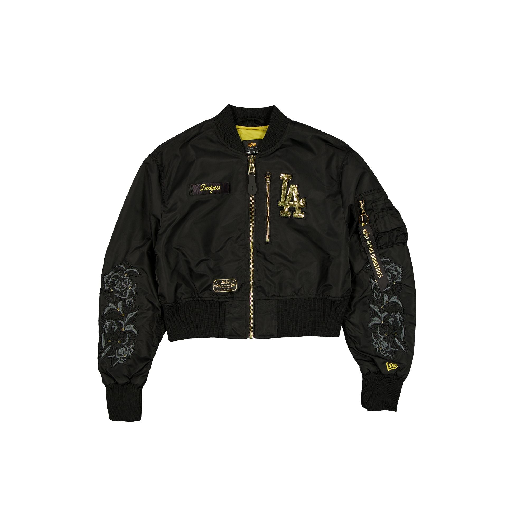 new era Alpha Industries Black and Gold Women's Cropped L-2B Bomber Jacket
