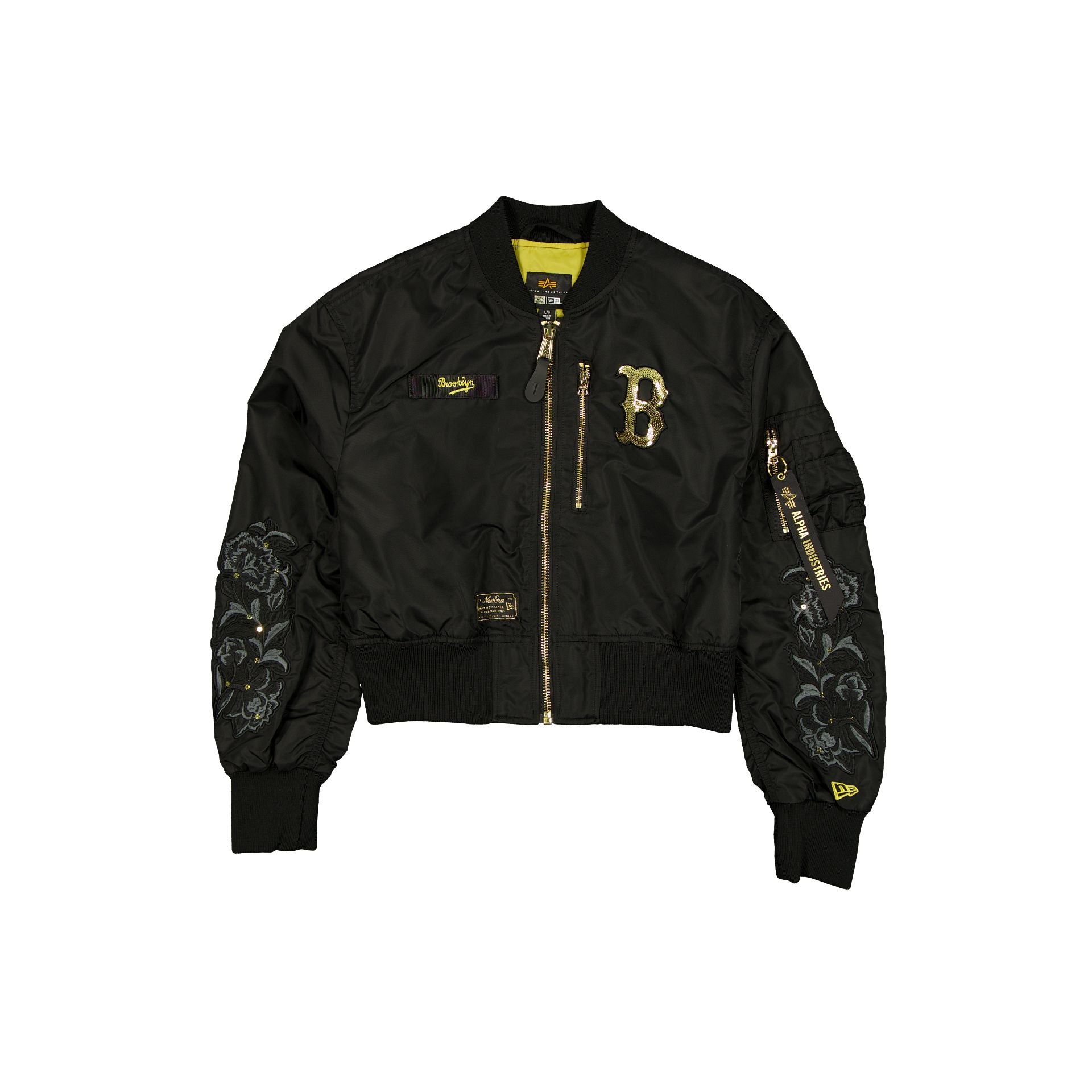 new era Alpha Industries Cooperstown Black and Gold Women's Cropped L-2B Bomber Jacket