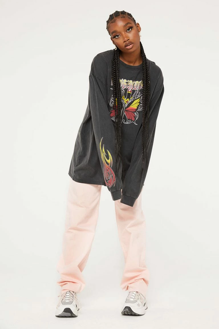 New Girl Order New Girl Order Butterfly Dagger Acid Wash Long Sleeved Top Tops