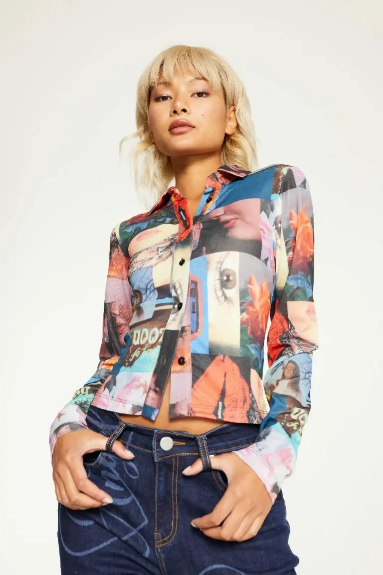 new girl order New Girl Order COLLAGE PRINT MESH PRINT SHIRT