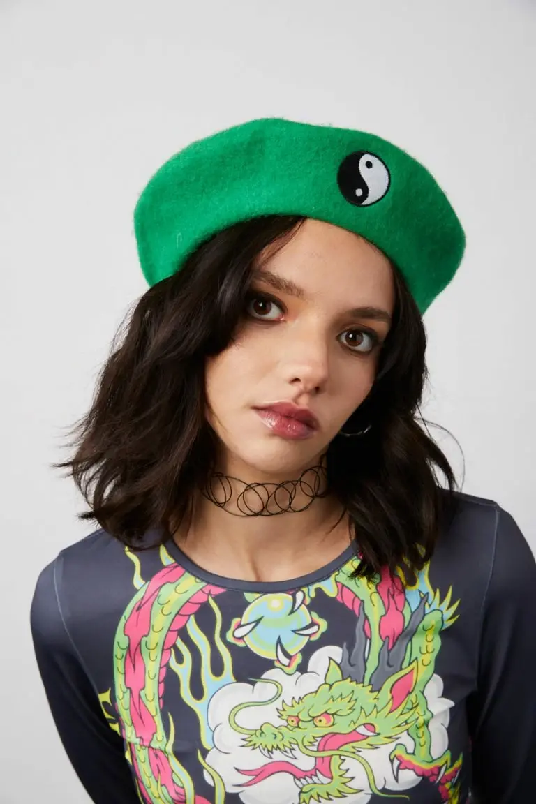 New Girl Order New Girl Order EMBROIDERED BERET WITH YING & YANG SYMBOL – GREEN Tops