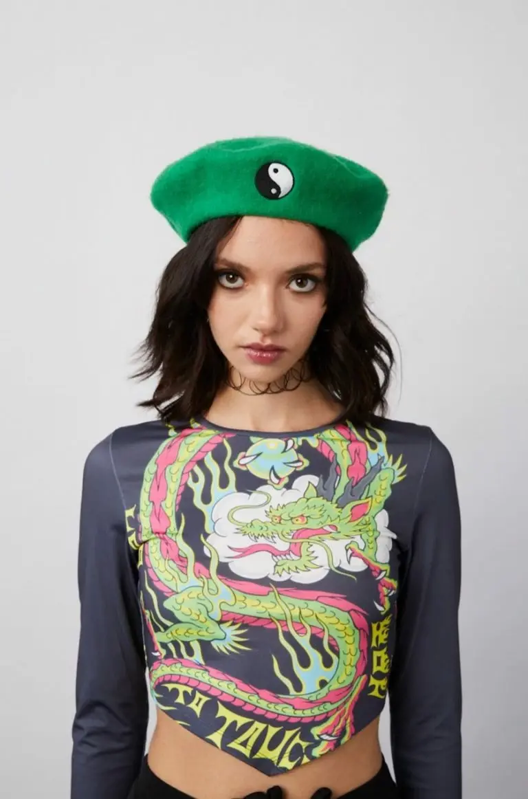 New Girl Order New Girl Order EMBROIDERED BERET WITH YING & YANG SYMBOL – GREEN Tops
