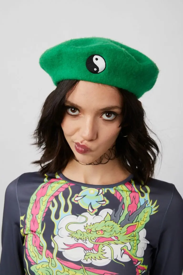 new girl order New Girl Order EMBROIDERED BERET WITH YING & YANG SYMBOL – GREEN Tops