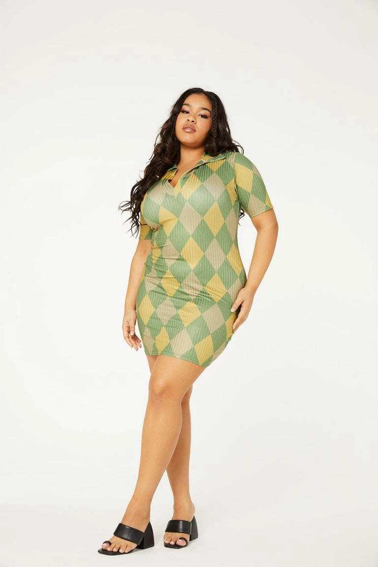 New Girl Order New Girl Order GREEN ARGYLE PRINT COLLAR RIBBED DRESS CURVE Tops