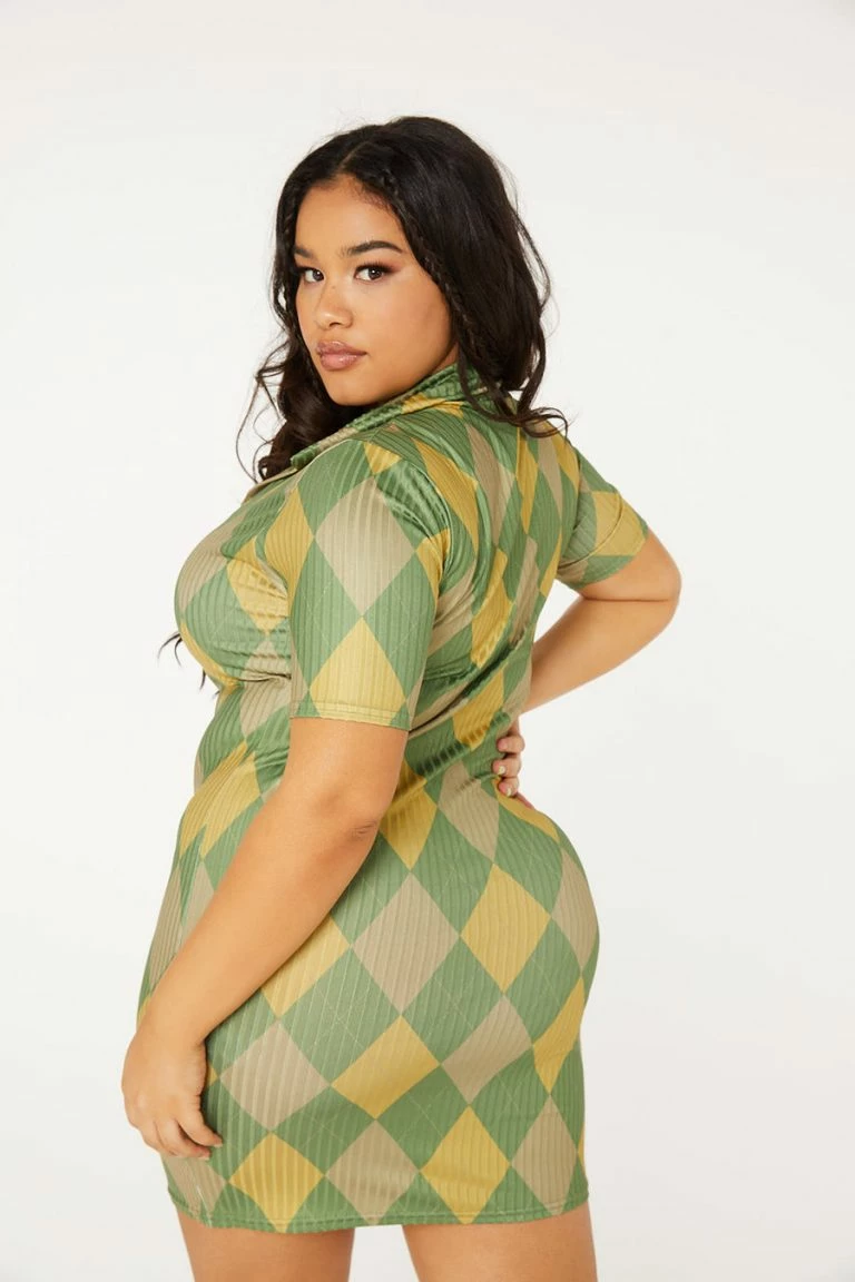 New Girl Order New Girl Order GREEN ARGYLE PRINT COLLAR RIBBED DRESS CURVE Tops