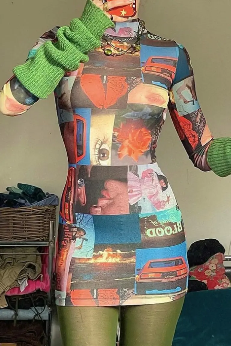 New Girl Order New Girl Order NEW IN COLLAGE PRINT MESH CUT OUT BACK BODYCON DRESS