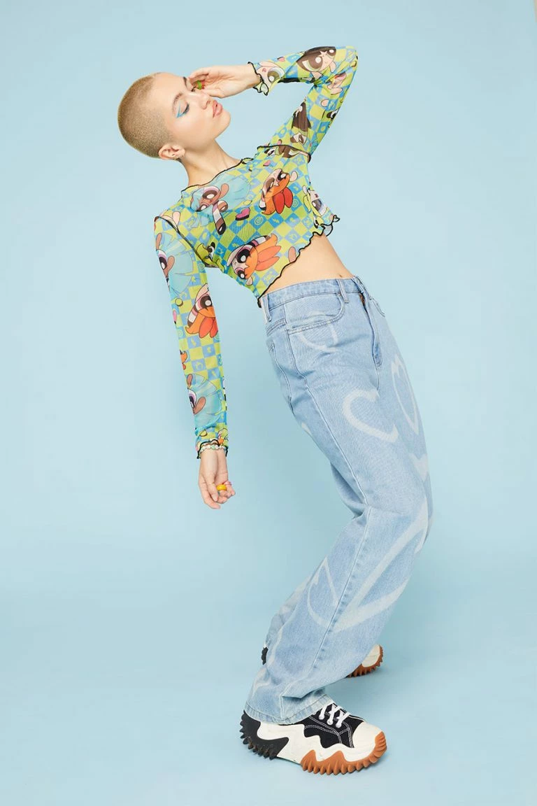 New Girl Order New Girl Order POWERPUFF GIRLS CHECK MESH TOP Tops