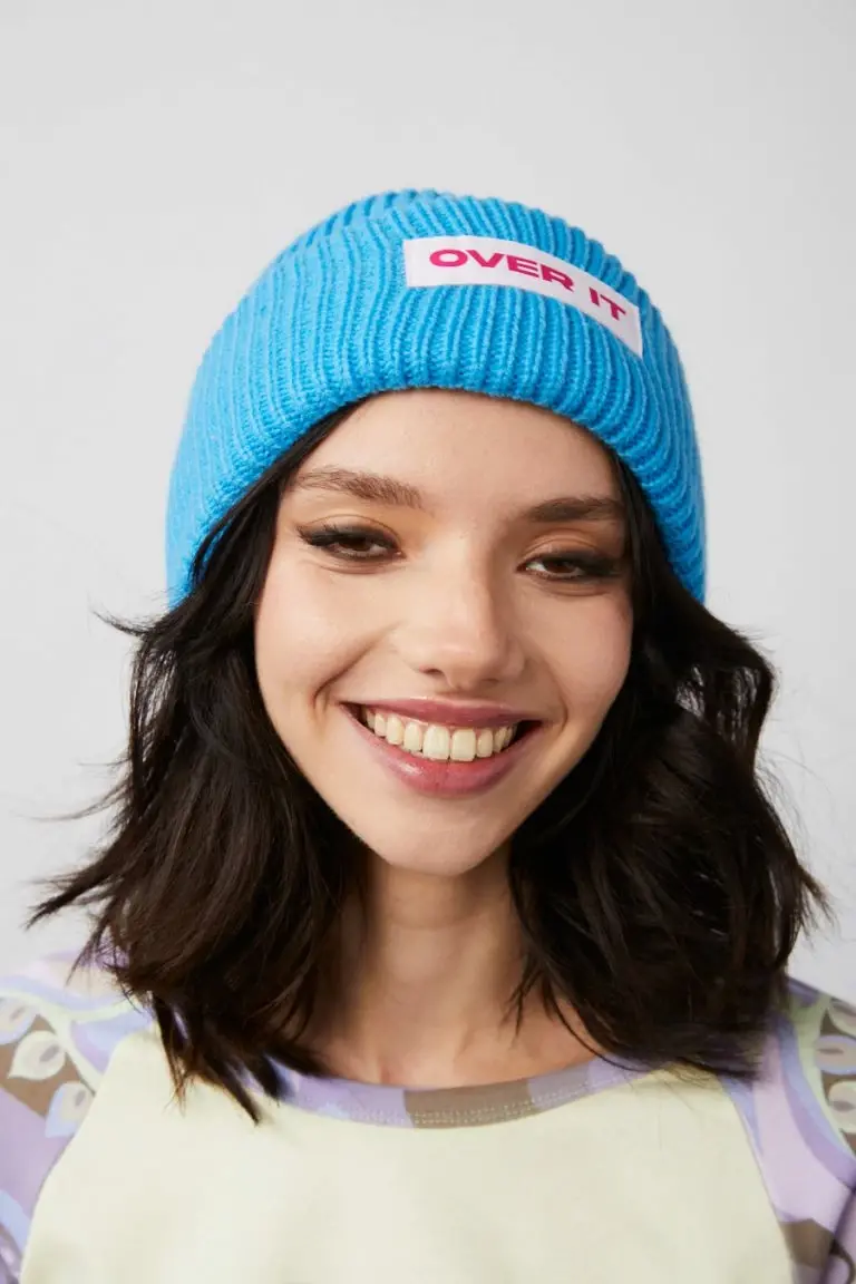 New Girl Order New Girl Order RIBBED BEANIE WITH OVER IT BADGE DETAIL – BLUE Tops