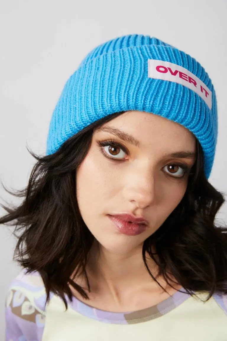 New Girl Order New Girl Order RIBBED BEANIE WITH OVER IT BADGE DETAIL – BLUE Tops