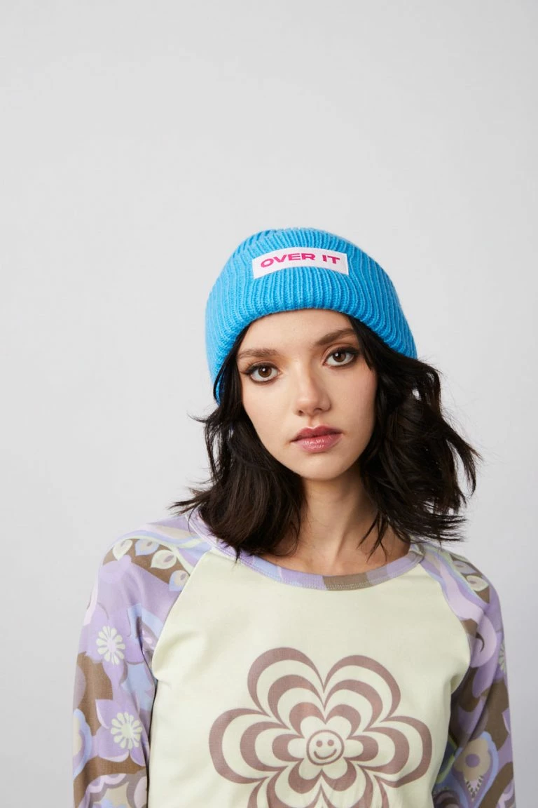 New Girl Order New Girl Order RIBBED BEANIE WITH OVER IT BADGE DETAIL – BLUE Tops