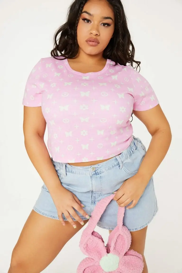 new girl order New Girl Order Tops BUTTERFLY MONOGRAM CROP LACE TEE CURVE