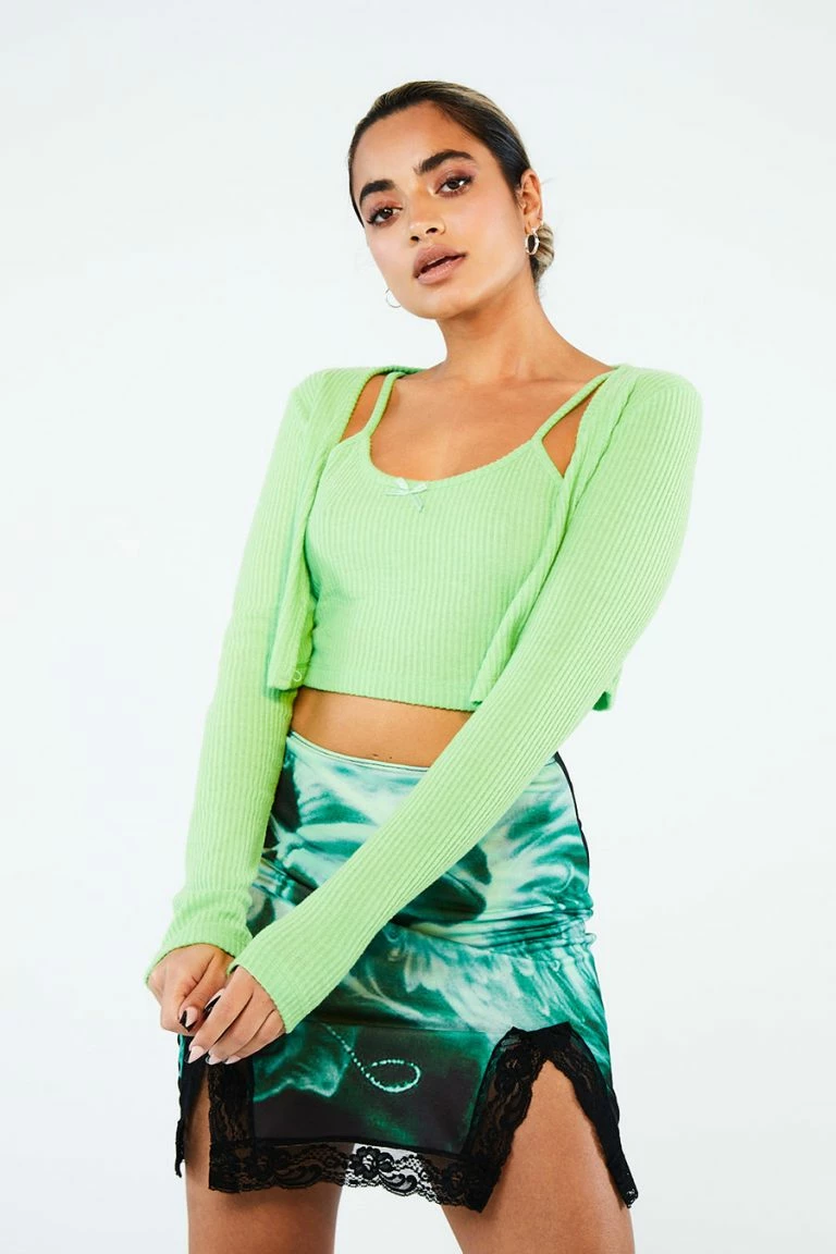 New Girl Order New Girl Order Tops CROP RIB GREEN CARDIGAN