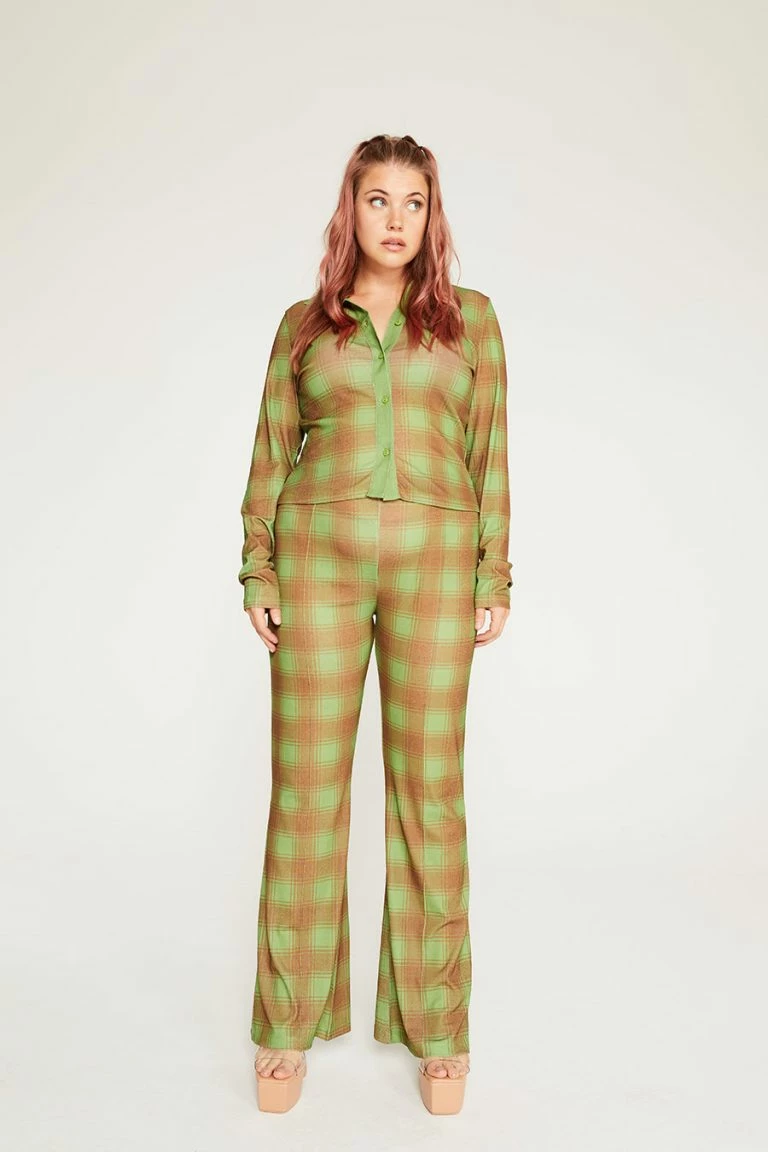 New Girl Order New Girl Order Tops GREEN ALL OVER PRINT CHECK FLARES CURVE