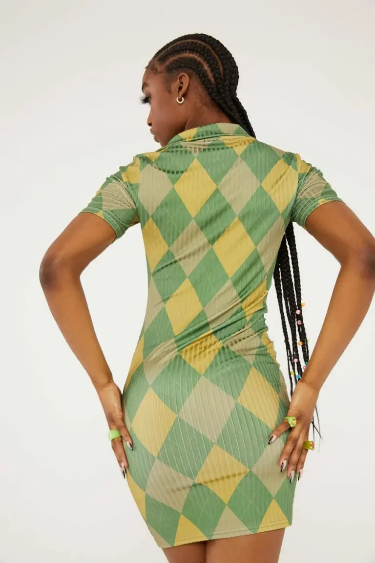 New Girl Order New Girl Order Tops GREEN ARGYLE PRINT COLLAR RIBBED DRESS