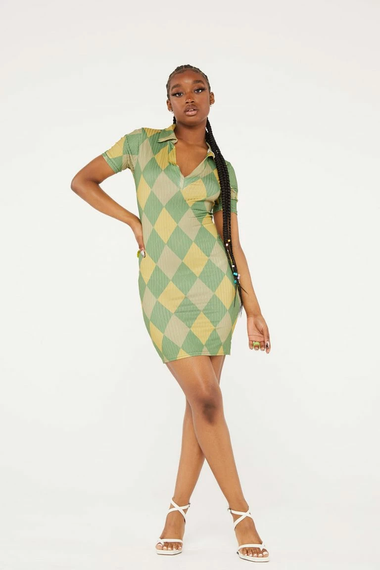 New Girl Order New Girl Order Tops GREEN ARGYLE PRINT COLLAR RIBBED DRESS