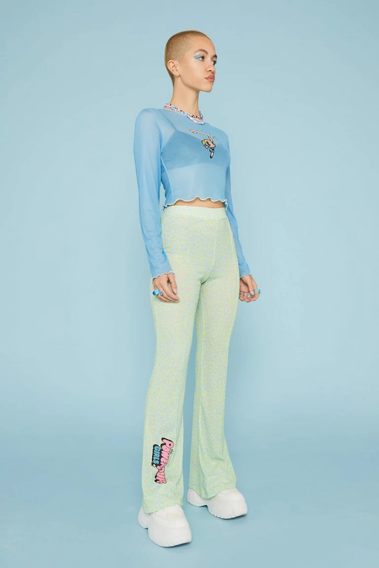 New Girl Order New Girl Order Tops POWERPUFF GIRLS LEOPARD PRINT FLARES – GREEN