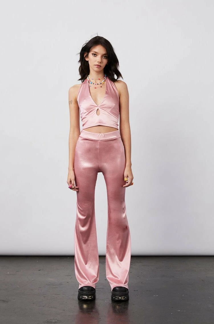 New Girl Order New Girl Order Tops STRETCH SATIN HALTER NECK TOP – PINK