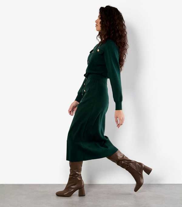New Look Apricot Dark Green Buttoned Knit Midi Skirt