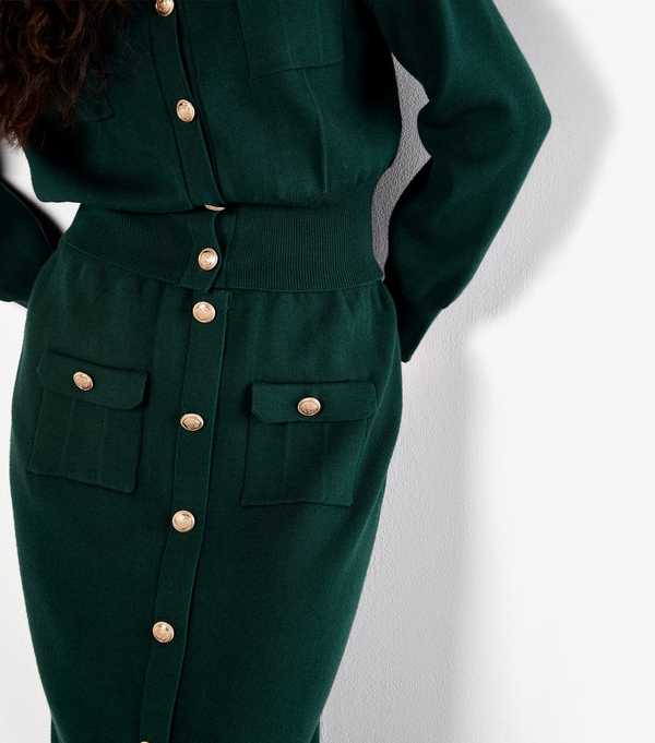 New Look Apricot Dark Green Buttoned Knit Midi Skirt