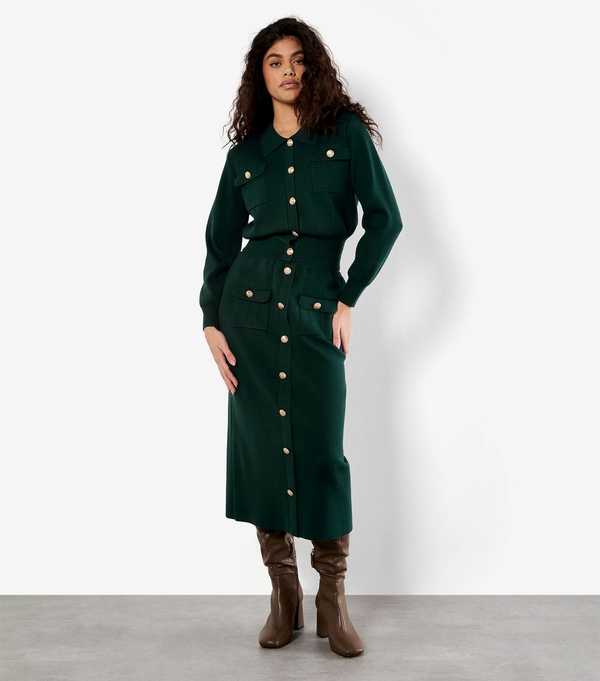 new look Apricot Dark Green Buttoned Knit Midi Skirt