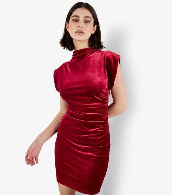 new look Apricot Red Velvet Cowl Neck Ruched Mini Dress