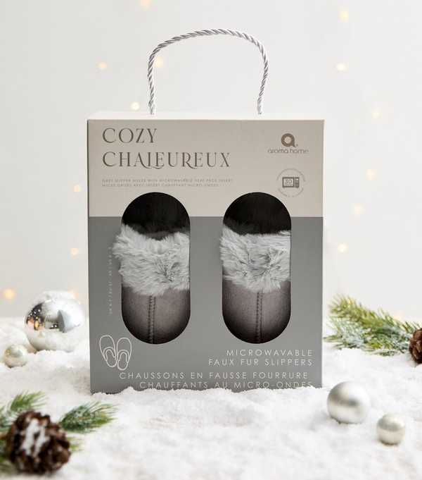 new look Aroma Home Grey Faux Shearling Slippers with Microwavable Inserts