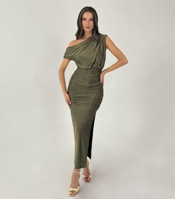 New Look AX Paris Gold Sparkle Off Shoulder Midi Dress