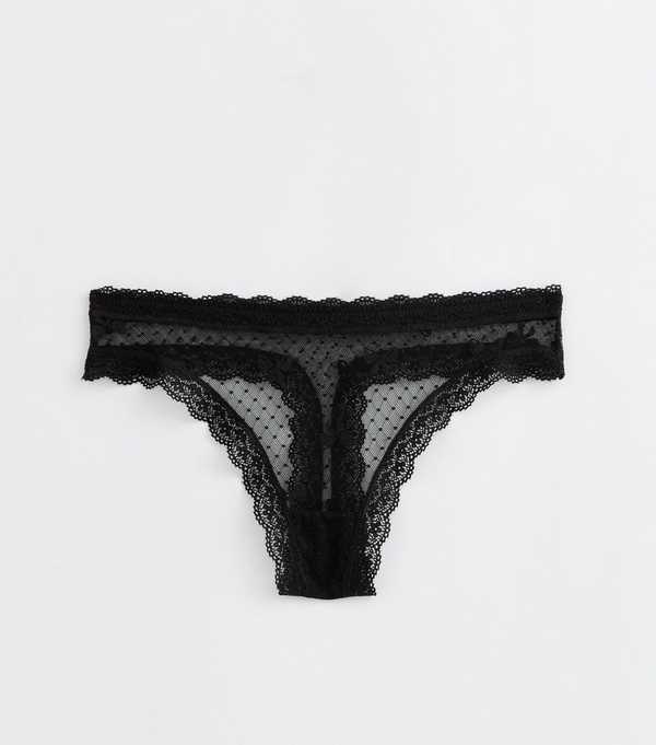 New Look Black Bow Embroidered Mesh Lace Trim Thong