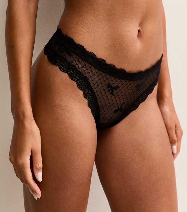new look Black Bow Embroidered Mesh Lace Trim Thong
