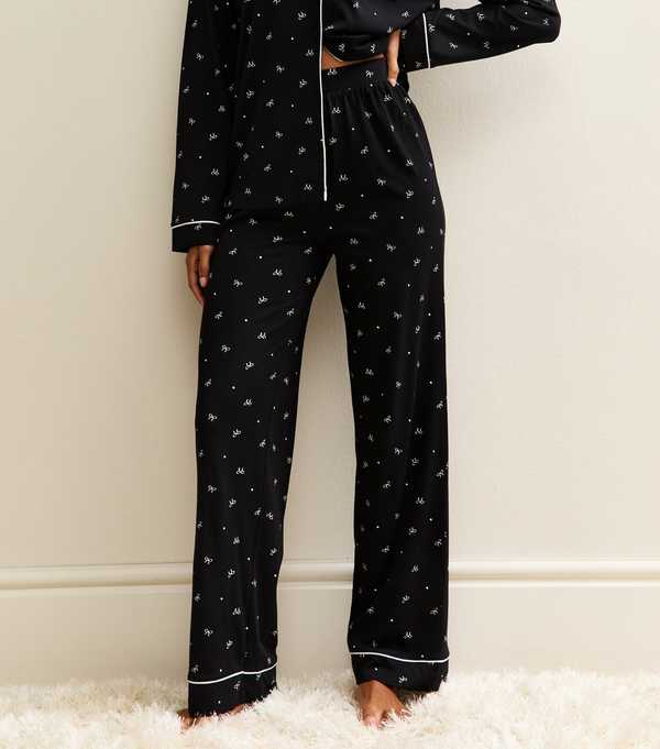 New Look Black Bow Print Revere Collar Shirt And Trousers Pyjama Set