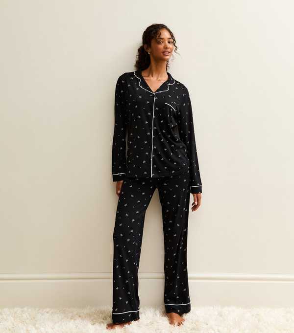 New Look Black Bow Print Revere Collar Shirt And Trousers Pyjama Set