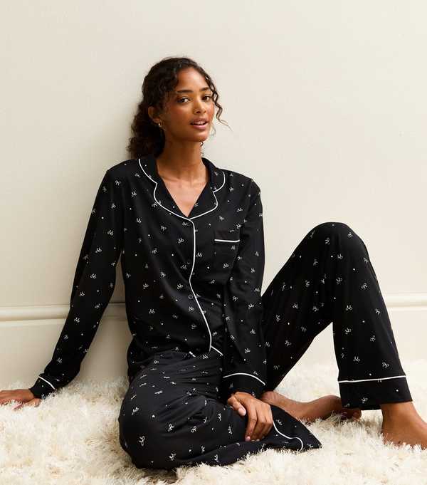 new look Black Bow Print Revere Collar Shirt and Trousers Pyjama Set