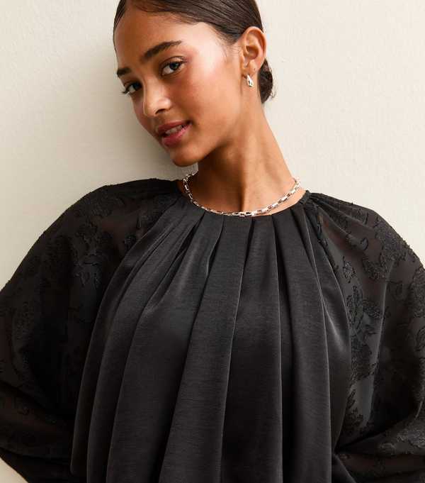 New Look Black Bubble Hem Devore Sleeve Satin Blouse