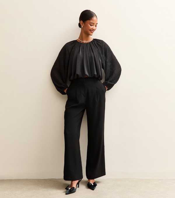 New Look Black Bubble Hem Devore Sleeve Satin Blouse