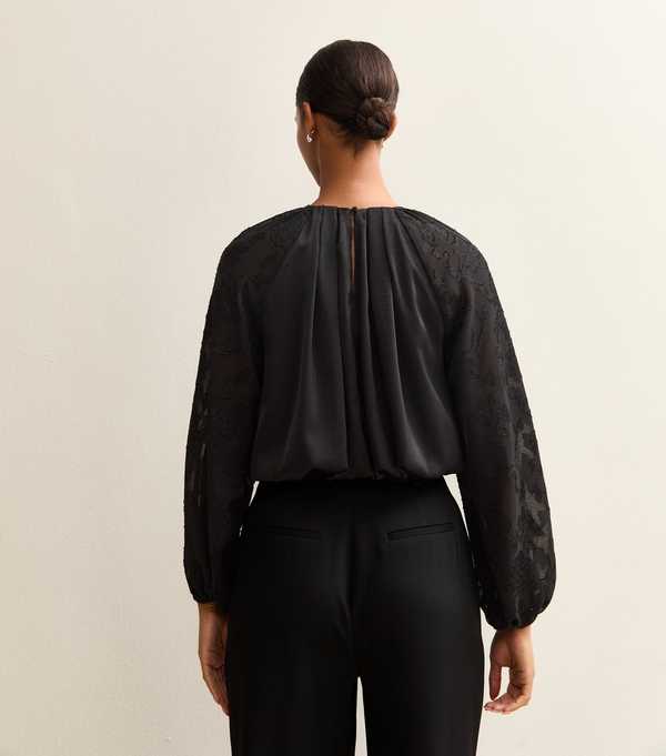 New Look Black Bubble Hem Devore Sleeve Satin Blouse