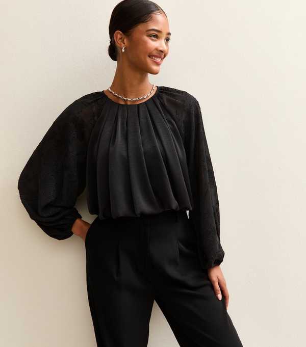 new look Black Bubble Hem Devore Sleeve Satin Blouse