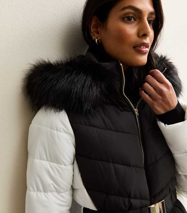 New Look Black Contrast Sleeve Faux Fur Hood Ski Puffer Jacket