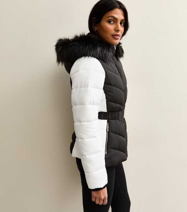 New Look Black Contrast Sleeve Faux Fur Hood Ski Puffer Jacket