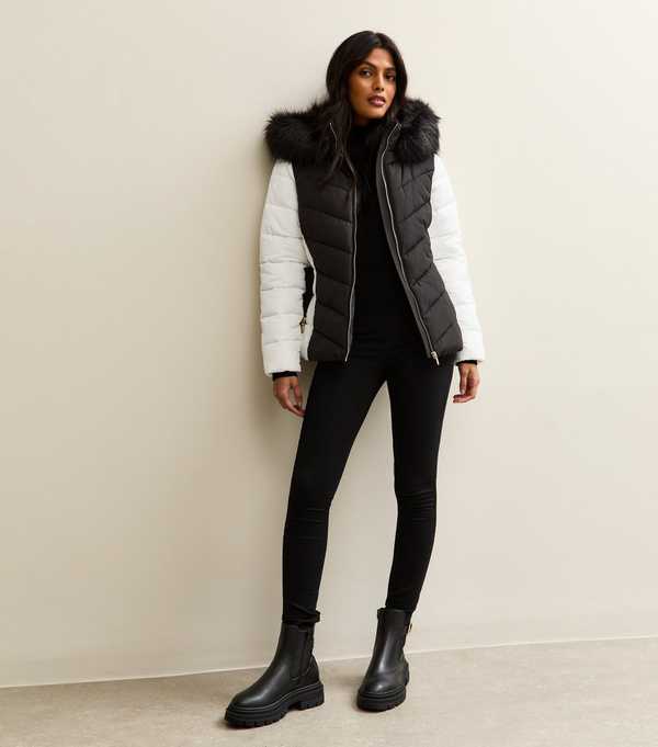 New Look Black Contrast Sleeve Faux Fur Hood Ski Puffer Jacket