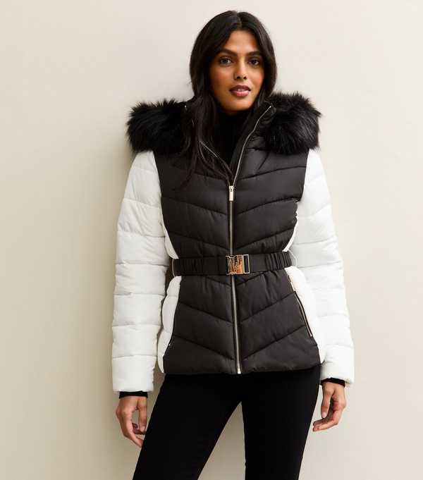 new look Black Contrast Sleeve Faux Fur Hood Ski Puffer Jacket