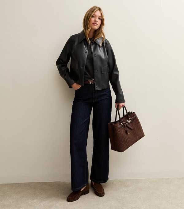 New Look Black Faux Leather Button Through Patch Pocket Jacket