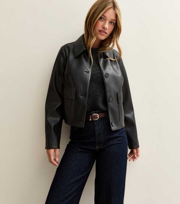 New Look Black Faux Leather Button Through Patch Pocket Jacket